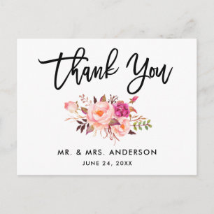 Carte Postale Remerciement Floral Rose de Mariage en Écriture Pi
