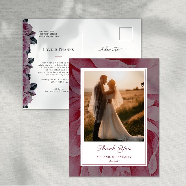 Carte postale remerciement florale romantique avec (Custom Photo Romantic Floral Thank You Postcard)
