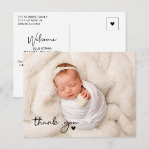 Carte Postale Remerciement Minimaliste pour Nouveau-Né avec Phot