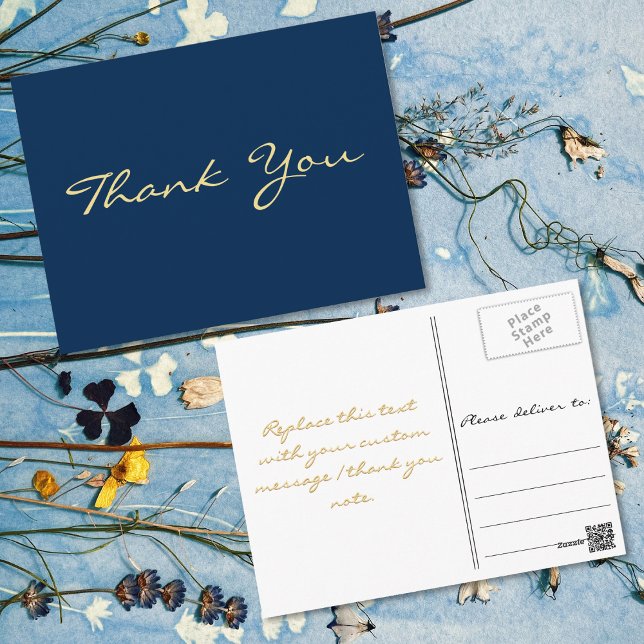 Carte Postale Remerciement Moderne Faux Or Écriture Bleue pour l (Modern Faux Gold Script Blue Graduation Thank You Postcard)