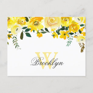 Carte Postale Remerciement monogrammé floral aquarelle jaune 