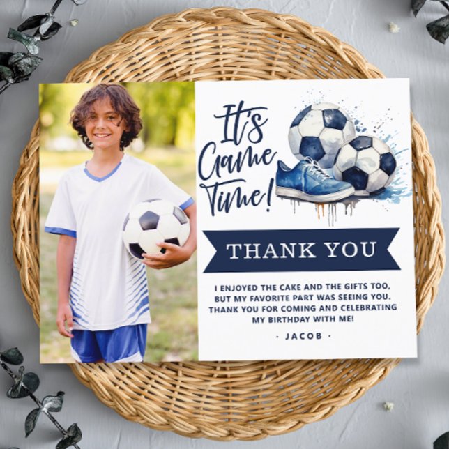 Carte Postale Remerciement Photo Aquarelle Enfants Football Bleu (Créateur téléchargé)