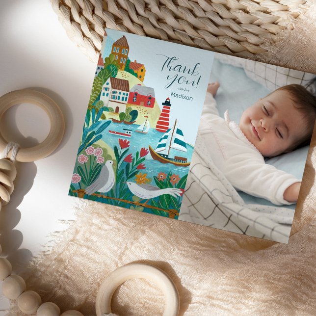 Carte Postale Remerciement photo de Baby Shower pour Village Côt (Coastal Village Baby Shower Photo Thank you Postcard)