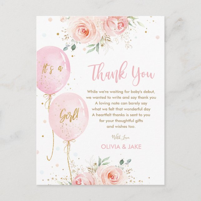 Carte Postale Remerciement pour Baby Shower Ballons Fleuris Rose (Devant)