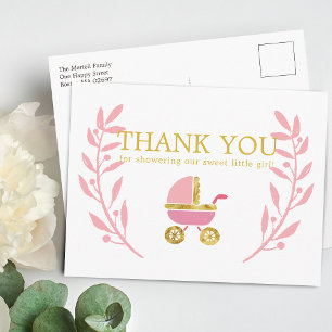 Carte Postale Remerciement pour Baby Shower Berceau en Or Rose S