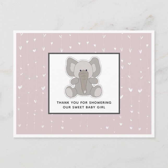 Carte Postale Remerciement pour Baby Shower Éléphant Bébé Cœurs  (Devant)