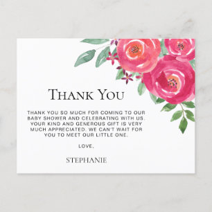 Carte Postale Remerciement pour Baby Shower Fleur Watercolor