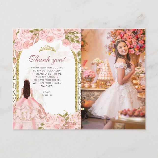 Carte Postale Remerciement pour Quinceañera Photo Florale Rose T (Devant)