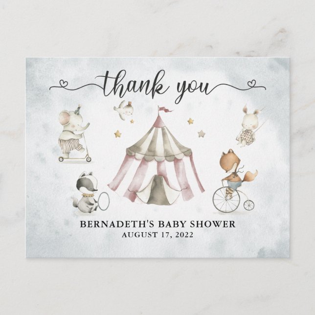 Carte Postale Remerciements de Baby Shower Watercolor Cirque (Devant)