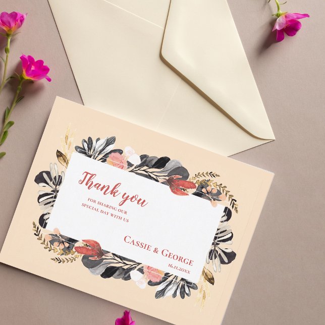 Carte Postale Remerciements de mariage à la rose romantique et f (Romantic Blush & Black Floral Wedding Thank You Postcard)