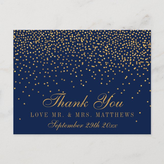 Carte Postale Remerciements de mariage Bleu Nuit et Confettis Gl (Devant)