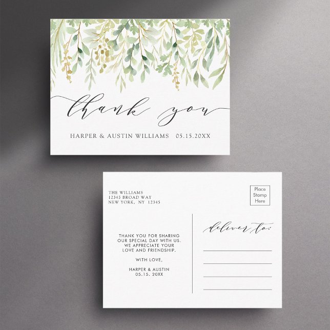 Carte Postale Remerciements de mariage botaniques au feuillage v (Front & Back)