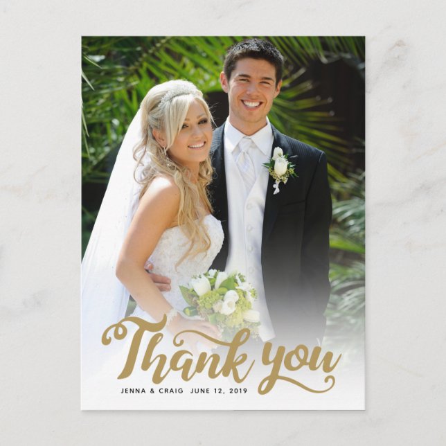 Carte Postale Remerciements de mariage | Écriture dorée sur phot (Devant)