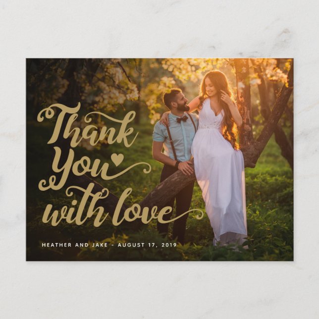 Carte Postale Remerciements de Mariage | Écriture dorée sur phot (Devant)