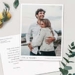 Carte Postale Remerciements de mariage personnalisés avec photo<br><div class="desc">Ce modèle de carte postale de remerciement de mariage moderne et élégant comporte vos noms sous votre photo, accompagnés de "AMOUR & REMERCIEMENTS". Le texte des deux côtés est par défaut d'un noir légèrement adouci. Vous pouvez choisir de modifier la police, la couleur ou la taille de texte utilisée pour...</div>