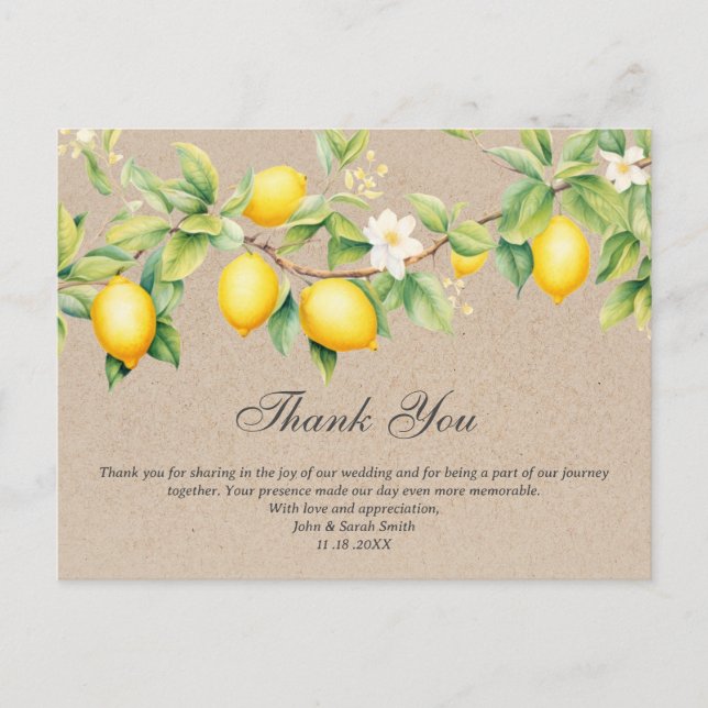 Carte Postale Remerciements de mariage thème citron Rustic Kraft (Devant)