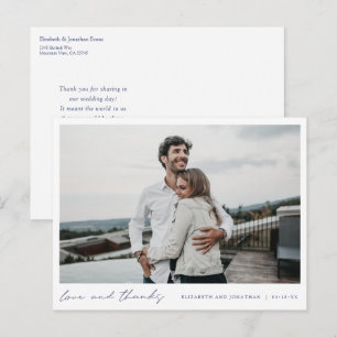 Carte Postale Remerciements de photo de mariage bleu élégant sim