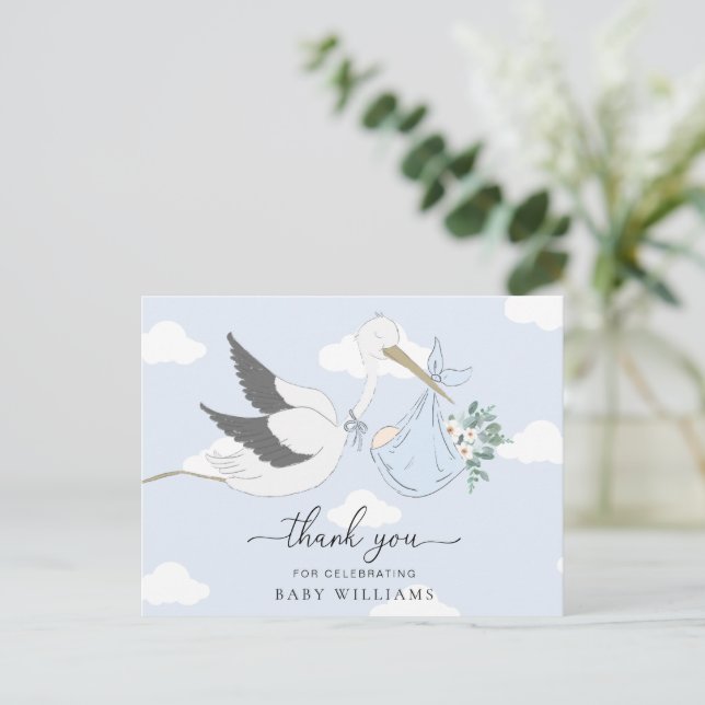 Carte Postale Remerciements pour Baby Shower Blue Stork (Debout devant)