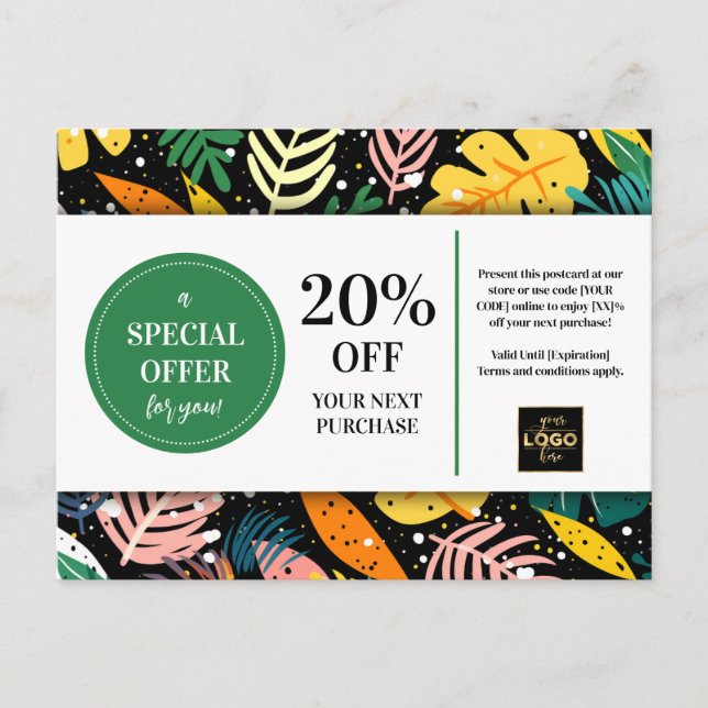 Carte Postale Remise Coupon Abstrait Feuilles tropicaux (Devant)