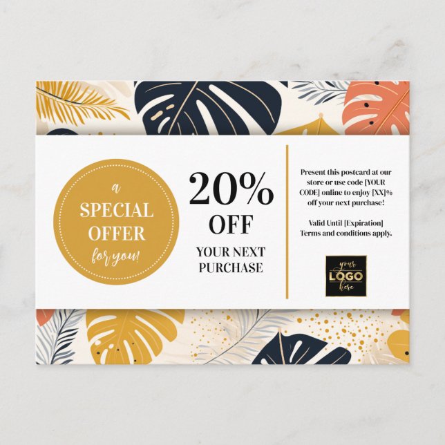 Carte Postale Remise Coupon Abstrait Feuilles tropicaux (Devant)