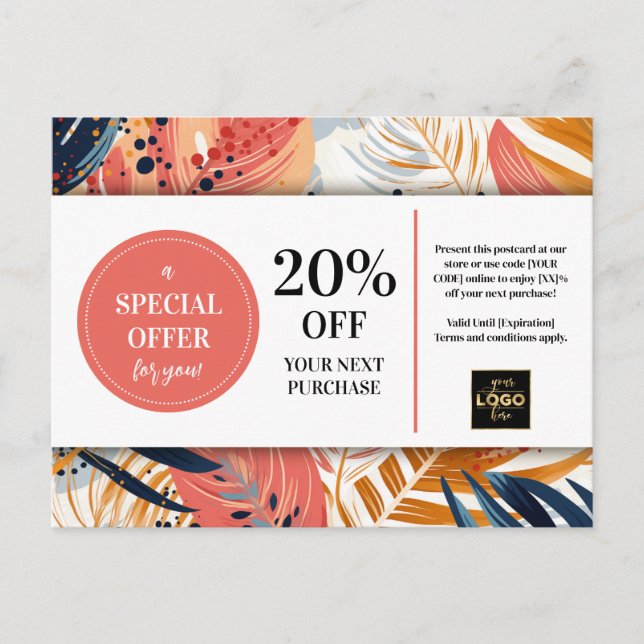 Carte Postale Remise Coupon Abstrait Feuilles tropicaux (Devant)