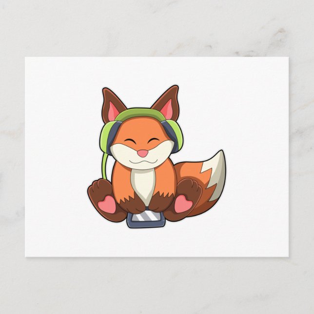 Carte Postale Renard à la musique avec casque audio (Devant)