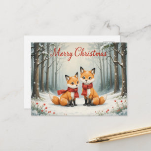 Carte Postale Renard adorable de Noël avec des bois enneigés et