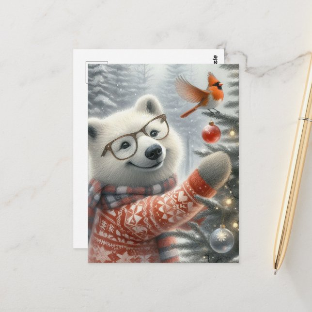 Carte Postale Renard arctique et cardinal de Noël (Devant/Arrière en situation)