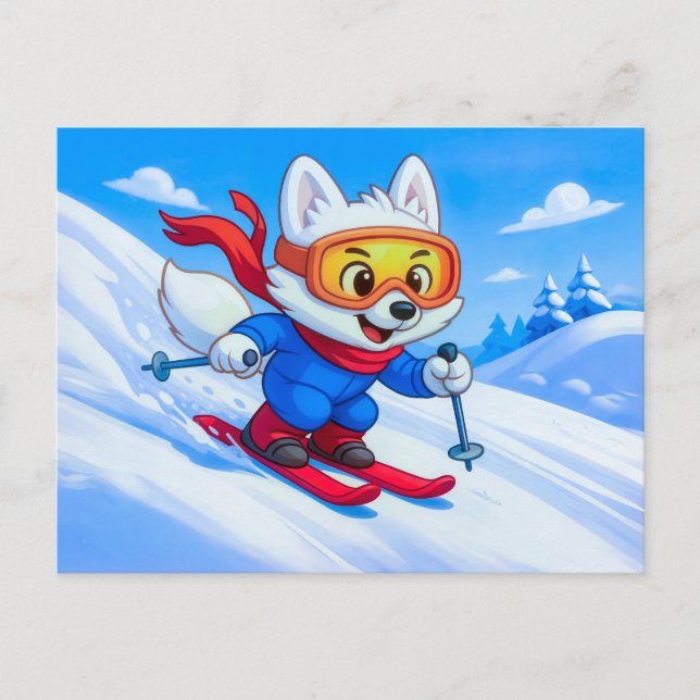 Carte Postale Renard Arctique Skiant sur une Montagne enneigée (Devant)