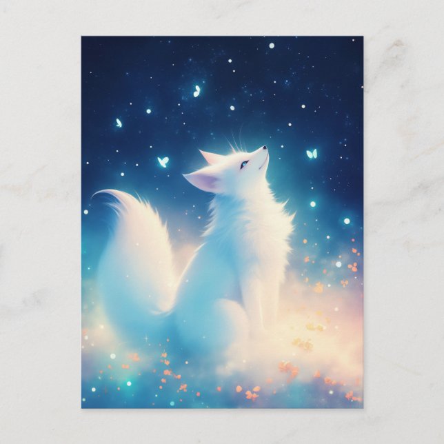 Carte Postale Renard Blanc Éthéré Sous un Ciel Étoilé (Devant)