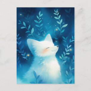Carte Postale Renard Blanc Heureux dans Jardin de Minuit Bleu