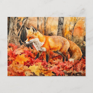 Carte Postale Renard dans la forêt automne aquarelle peinture
