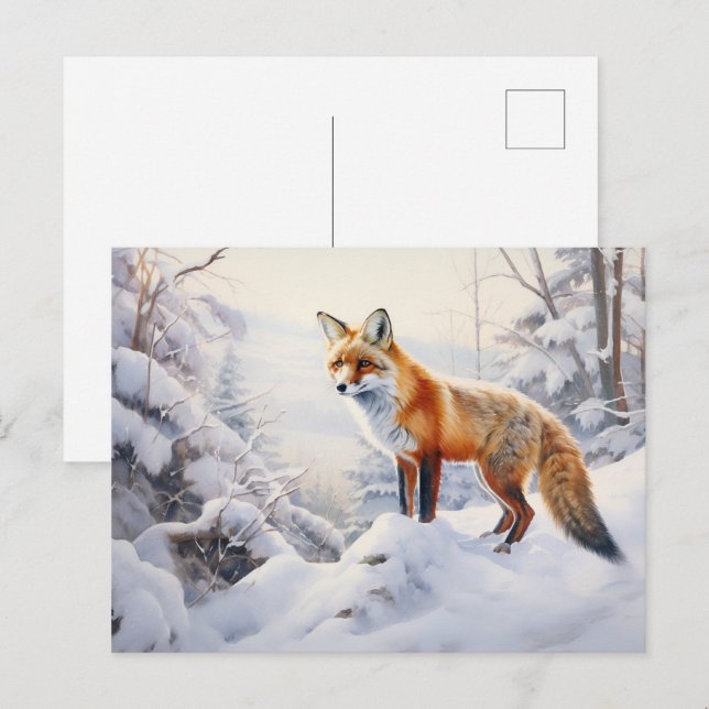 Carte Postale Renard d'hiver dans les bois (Devant / Derrière)