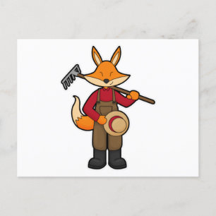 Carte Postale Renard en agriculteur avec râteau et chapeau