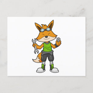 Carte Postale Renard en mécanicien avec clé et écrou