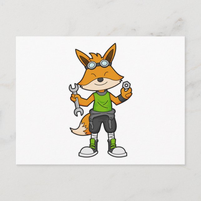 Carte Postale Renard en mécanicien avec clé et écrou (Devant)