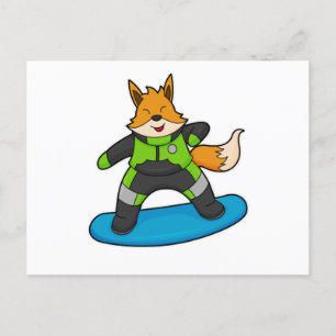 Carte Postale Renard en snowboardeur avec planche à neige
