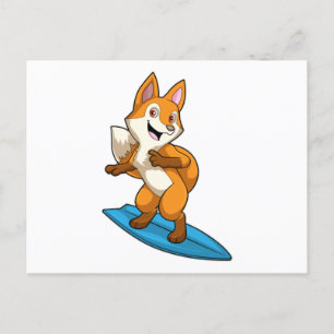 Carte Postale Renard en surfeur avec planche de surf
