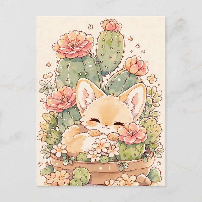 Carte Postale Renard Fennec au Pot de Cactus Abricot Dormant (Devant)