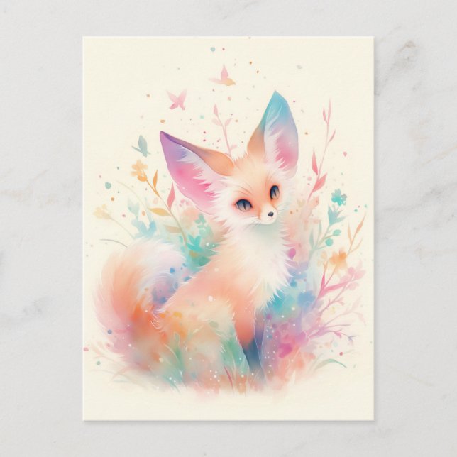 Carte Postale Renard Fennec Blanc avec Oreille Arc-en-ciel Paste (Devant)