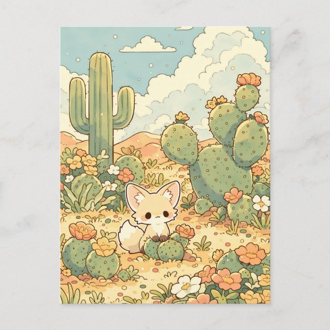 Carte Postale Renard Fennec Mignon Cactus Fleurissant (Devant)