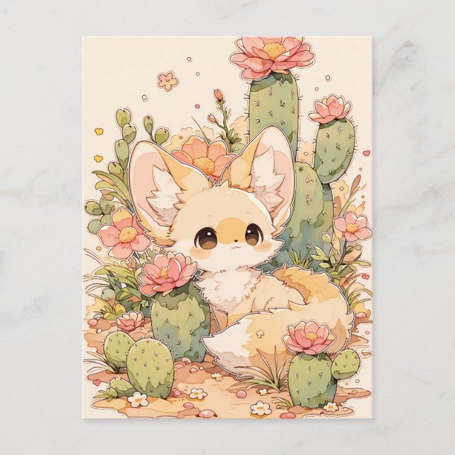 Carte Postale Renard Fennec Mignon Fleurir Corail Poussiéreux (Devant)