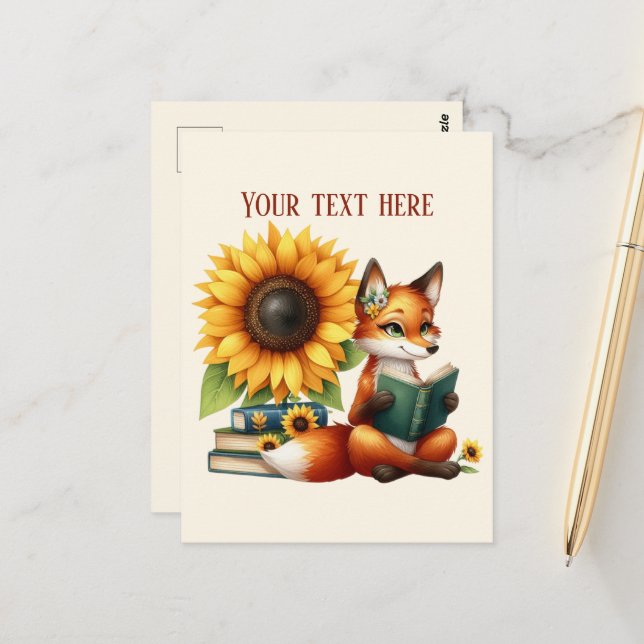 Carte Postale Renard lisant mignon personnalisable (Devant/Arrière en situation)