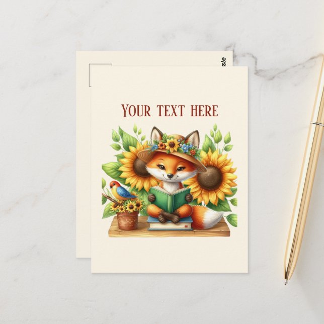 Carte Postale Renard lisant mignon personnalisable  (Devant/Arrière en situation)
