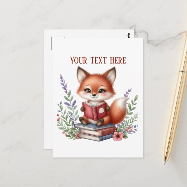 Carte Postale Renard lisant mignon personnalisable  (Devant/Arrière en situation)