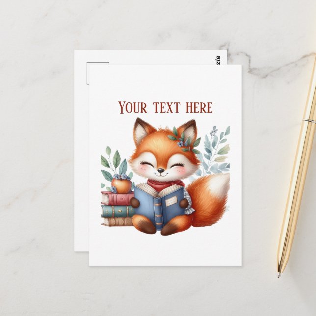 Carte Postale Renard lisant mignon personnalisable  (Devant/Arrière en situation)