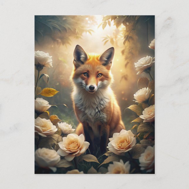 Carte Postale Renard mignon avec fleurs (Devant)