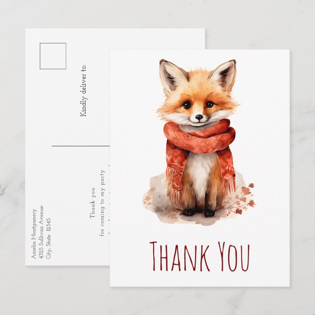 Carte Postale Renard Mignon en Écharpe Rouge Merci (Devant / Derrière)