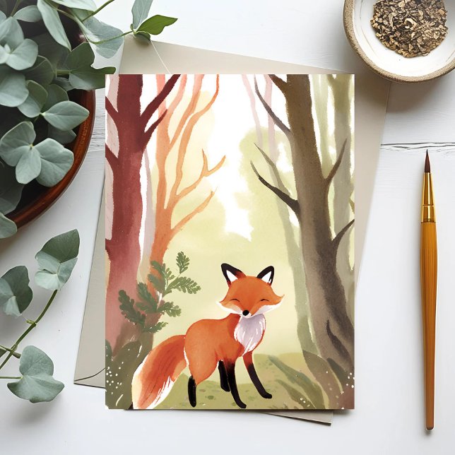 Carte Postale Renard rouge | Aquarelle des animaux forestiers (Créateur téléchargé)