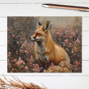 Carte Postale Renard rouge avec peinture Fleur sauvage rose